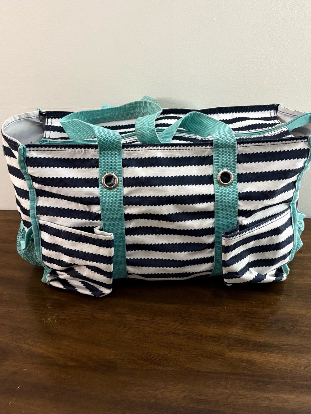 Striped Navy and White Canvas Tote with Aqua Handles Thirty One Mid Size Bag